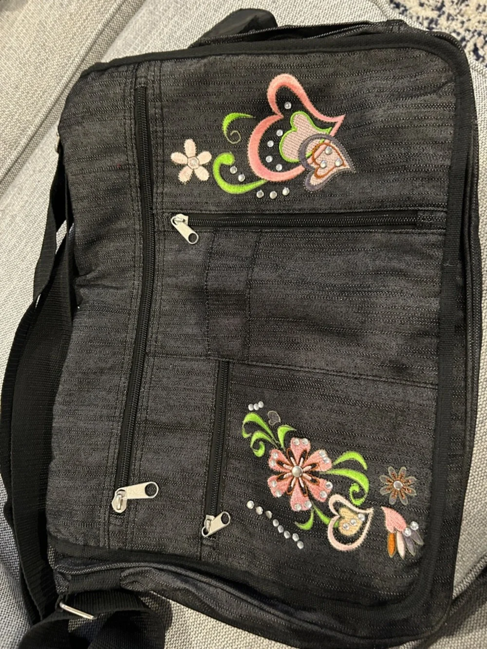 Athletech Black Laptop Bag with Pink & Green Floral Embroidery